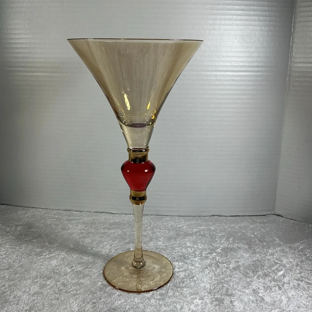 VTG Unique European Art Glass Tall Amber Gold  Red Jewel Martini Red Stem 10